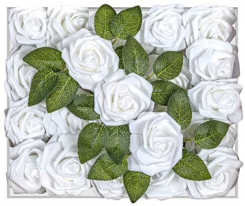 Petalscentusia Artificial Roses 25 pcs Fake Roses with Stems and 18 Leaves Foam Latex for Wedding Bouquets, Valentine's Day, Home Décor, and Party Decorations (White Roses)