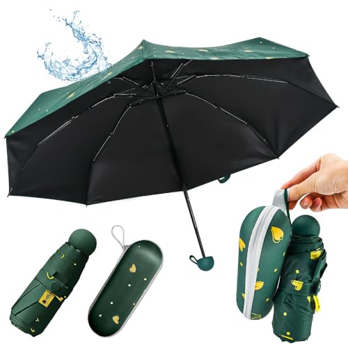 SLTAXAR Mini ombrello con custodia, ombrello pieghevole piccolo con 8 aste, ombrello da tasca per donna e uomo, ombrello compatto portatile per sole e pioggia, Verde con cuore