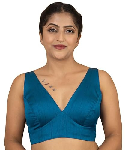 FIGURE'S DESIGNER Women's Dupion Raw Silk Sleeveless V Neck Sabyasachi Cut Readymade Saree Blouse Padded Stitched