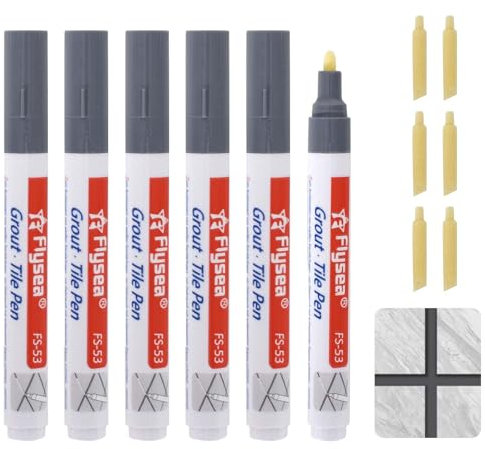 Grout Pen Pack of 6, Joint Repair Marker Pen with Replacement Tip, Joint Filler, Waterproof Grout Paint Pen for Tile, Bathroom, Kitchen, Floor & Wall Restoration, Mould Repair (Grey, One Size)