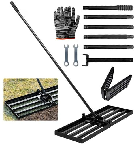 Rastrillo de nivelación de césped, 76 x 25 cm con mango, rastrillo de nivelación de césped, rasqueta plegable, rasqueta para césped, para nivelar césped, arena, suelo para el campo de golf de jardín.