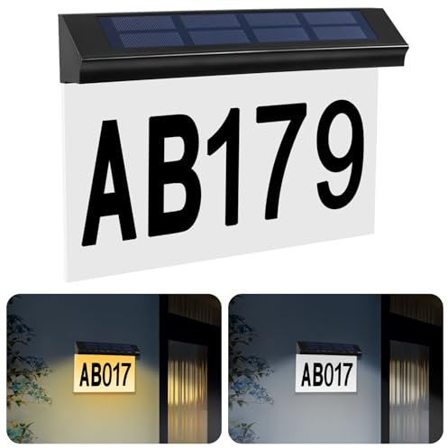 Lampada a energia solare, numero civico illuminato a energia solare, luce bianca e luce calda, IP65, impermeabile, numero civico solare con lettere e numeri, lampada da parete fai da te per esterni