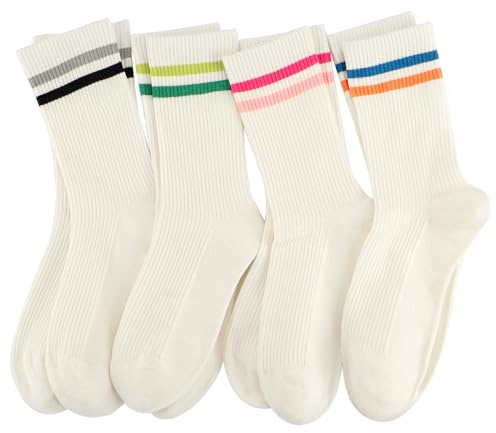 Knagsfa 4 Pairs Women's Cute Crew Socks, Casual Athletic Cotton Striped Calf Novelty Socks for Women