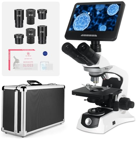 [Ottica a Correzione Infinita] Microscopio Composto Trinoculare con Monitor 10 24MP Ingrandimento 40-1000X, Obiettivi Acromatici Infinity Oculari FL10X, Acquisizione Foto/Video con un Clic