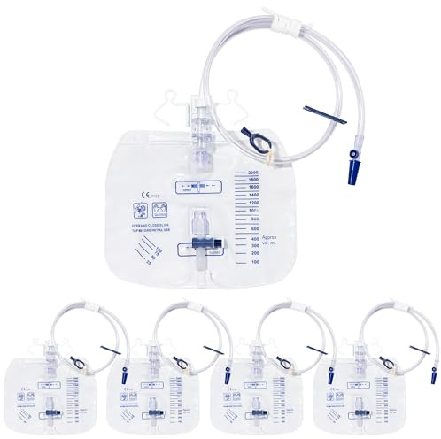5 Stück Urindrainagesystem, Urinbeutel 2000ml mit Anti Reflux Ventil und T-Ablass, Urindrainagebeutel mit 120cm Schlauch (5)