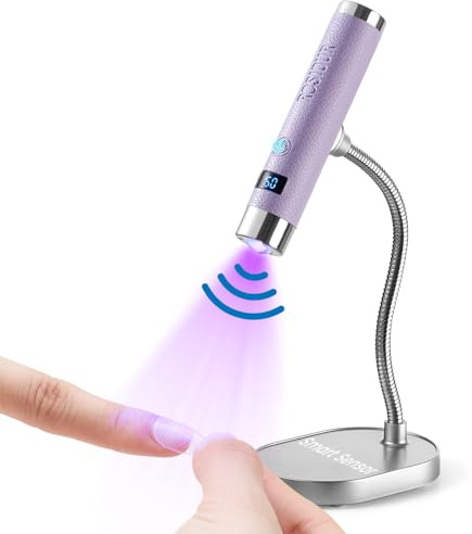 Rosiour Mini lámpara UV para uñas de gel, recargable de mano, luz LED de curado UV con soporte, lámpara UV de secado rápido con sensor automático para manicura en casa y salón (morado)