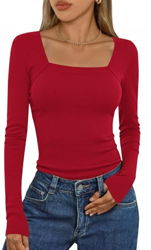 Aottori Camiseta Mujer Manga Larga Ideal como Capa Base con Cuello Cuadrado | Punto Acanalado, Corte Ajustado, Tejido Elástico, Tejido Ligero, Estilo Casual, Estilo Elegante