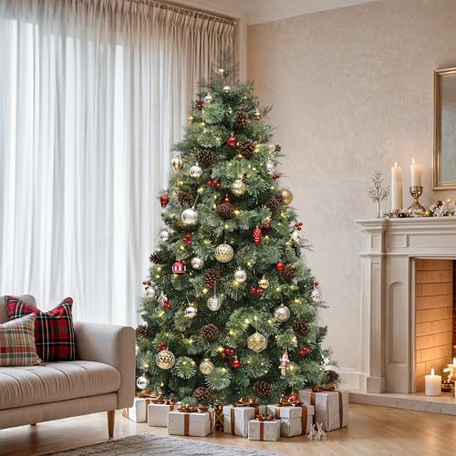 YITAHOME Albero di Natale da 180 cm con telecomando, albero di Natale artificiale verde con tecnologia a cerniera, 650 punte miste, aghi di pino, 36 pigne, 30 bacche rosse, 300 luci e 11 modalità