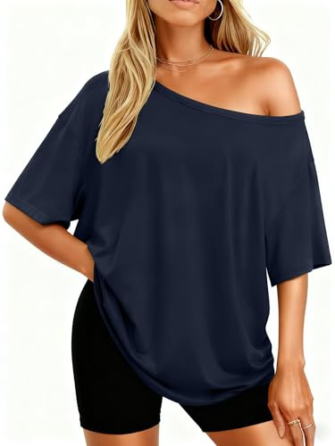 LACOZY Off The Shoulder Tops for Women Summer Oversized Sexy Short Sleeve T Shirts Casual Loose Batwing Tunic Top