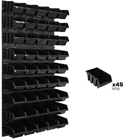 Sistema di stoccaggio da parete, 578 x 1170 mm, 45 pezzi, scatole impilabili, pannelli da parete extra forti, scaffali espandibili, scaffali da officina, scaffalatura da officina