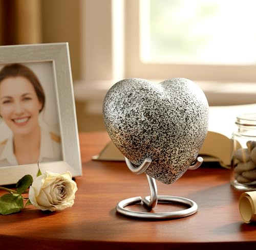eSplanade Brass Mini Cremation Urn Heart-Shaped Keepsake Memorial Jar Pot Container | Small Urn for Funeral Ashes Burial | Textured Metal Keepsake with Stand | Silver - 2.75 Inches | Memorial Jar Pot Container, Small Urn for Funeral Ashes Burial, Textured Metal Keepsake, With Stand