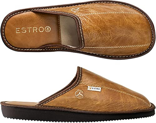 ESTRO Hausschuhe Herren Leder Herrenhausschuhe - Hausschuh Männer Pantoffel Pantoffeln Pantoletten Slipper Mann Warm Rust (46 EU, Kamel, 46)