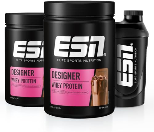 ESN Designer Whey Proteinpulver + Gratis Shaker, Milk Chocolate, 2 x 908 g, bis zu 23 g Protein pro Portion, ideal zum Muskelaufbau und -erhalt, geprüfte Qualität - made in Germany