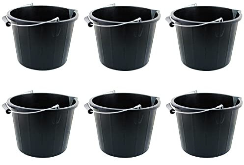 M1SS [𝗦𝗲𝘁 𝗼𝗳 𝟲]- Blue 3 Gallon 14 Litre Builders Bucket Strong Large Water Mixing Tub with Handle, Measuring Guide and Pouring Lip Gardening, Household -Made In U.K (Black)