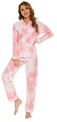 GLOBAL Conjuntos de Pijama para Mujer algodón | Pijamas de Mujer 100% algodón | Parte Superior Delantera con Botones y Parte Inferior con cordón | PJS Mujer S-XXL