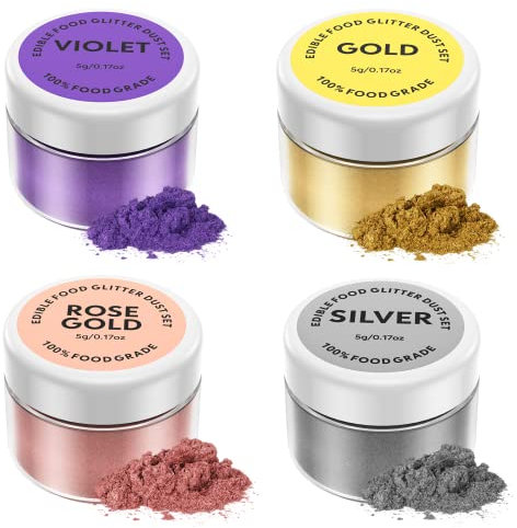 Or Paillettes Comestibles Set, Jelife 4 Couleurs Poudre Alimentaire Colorant Alimentaire Lustre Poudre pour Décoration de Gâteaux, Boissons, Chocolats, Macarons, Fondants, Gâteau de Paques, 5g chacun