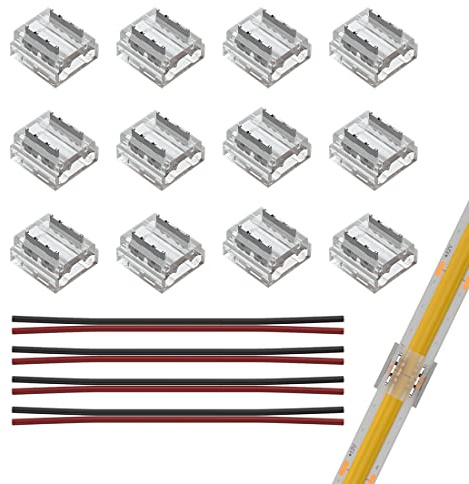 SEZO Conectores de Cinta LED de kit Conector de Esquina LED 12piezas FCOB 2pines 8mm Transparente Inalámbrico Sin Costura Board to Wire Connectors + 4 Cables de Extensión 20AWG de 15cm de Largo