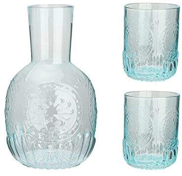 Set di Caraffa per Acqua e Bicchiere da Comodino, Caraffa per Acqua da Comodino in Cristallo da 44 Once con 2 Tazze di Vetro per Bicchiere, Bottiglia per Collutorio per Succo di Vetro per(Blu)