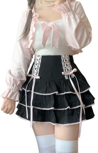 Cuteighteen Jupe Lolita à Volants Mini à Plusieurs Niveaux pour Femmes Skorts Kawaii à Couches, Jupe Froncée à Taille Haute en Dentelle, Jolie Jupe A Line pour Filles Adolescentes, noir, Taille S