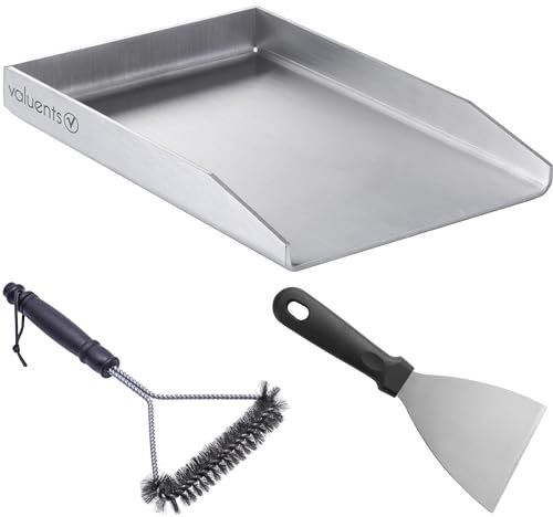 valuents Plancha – Plancha Placa de Acero Inoxidable Grueso & Acero Inoxidable – 30 x 20 cm – Adecuado para barbacoa de gas y barbacoa de carbón + Plus: cepillo y espátula para barbacoa, GP-BBQ-300