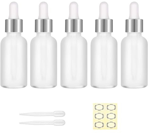 Apstaqeoo 5Pcs 30ML Frosted Clear Glass Dropper Bottles with Pipette, Empty Sample Dropper Bottle Refillable Tincture Bottles Silver Cap, Label, Dropper for Perfume Essential Oils Aromatherapy