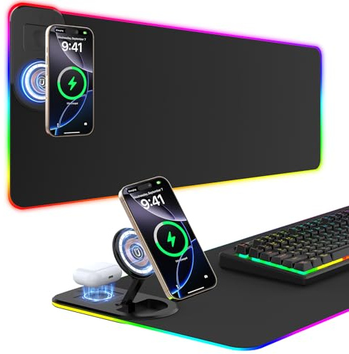 GIM Wireless Charging RGB Gaming Mouse Pad 15W, LED Mouse Mat 800x350x4MM, 10 Light Modes Extra Large Mousepad Non-Slip Rubber Base Computer Keyboard Mat for Gaming (Black-Folding Bracket)