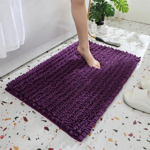 Reyox Badezimmerteppich, Chenille Badematte rutschfest, Weicher Badvorleger, Mikrofaser Absorbent Badteppich für Badezimmer Pflaume Lila 43x61cm