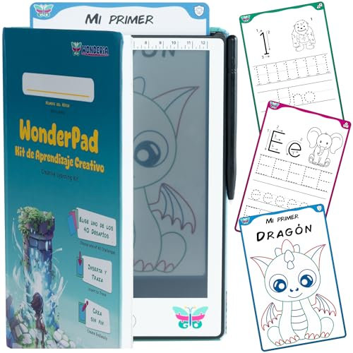 GoWonderia - WonderPad - Pizarra Mágica Infantil 8,5” con 40 Tarjetas Montessori – Tableta de Escritura STEAM – Juguete Educativo con Recursos Sin Fin – Regalo para Niños de 4 a 10 Años – Casa y Viaje