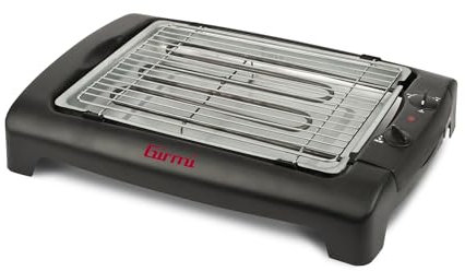 GIRMI BQ12 - Barbacoa eléctrica de 2000W (dim. 37x23 cm) con rejilla cromada ajustable y bandeja de agua para menos humo. Fácil de limpiar, segura y compacta, ideal para asados saludables todo el año