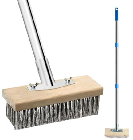 Balai en fil d'acier inoxydable, 147,3 cm à poils métalliques rigides, avec 3 brosses métalliques rigides amovibles, pour enlever les algues de mousse de mauvaises herbes, brosse à récurer les sols