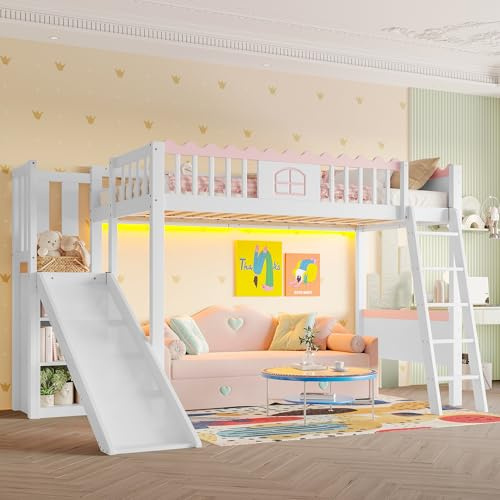 Zepneiy Lit Mezzanine 1 Place avec LED, Lit Mezzanine avec étagères, Lit Enfant 90x200 avec Toboggan, en Pin Blanc(sans Matelas)