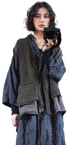 LZJN Women's Linen Double-Layer Vest Sleeveless Kimono Cardigan Open Front Vintage Street Waistcoat with Pockets(US,Alpha,One Size,Regular,Regular,Grey Green)