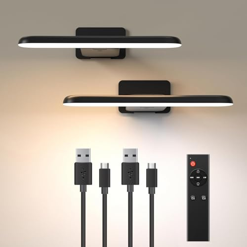 Lampara Pared Sin Cable, Aplique Pared Interior Adhesiva, Luces Led Recargable Para Pinturas Y Marco, Iluminación De Tablero De Dardos, Control Remoto, 3 Temperaturas De Color (Negro, 2 pieza)