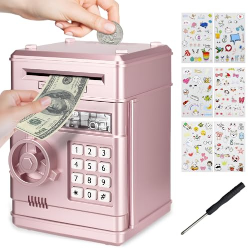 TAVADA Hucha para Niños,Cajero Automático Digital con Contraseña y Recepción Automática de Dinero,Incluye 6 Pegatinas,Destornillador,Caja Fuerte niño para Niños y Niñas de 3 a 12 Años
