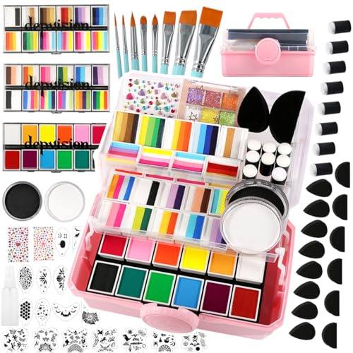 Kit di pittura professionale per il viso per bambini adulti, 110 colori divisi per torte, 96 pezzi, non-tossic washable & Safe Water Based with Brushes Sponges Glitter Stenccils for Halloween Makeup