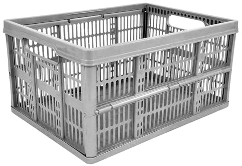Monal Homion 32L Foldable Plastic Storage Crate – Collapsible Stackable Basket with Handles for Home, Garage & Car Boot – Grey – Pack Size Selection (1)