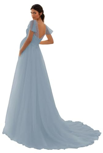 HAIBFJIN Vestido de maternidad de tul, cuello en V, vestido de novia para embarazadas, vestidos de maternidad para baby shower, sesión de fotos, Azul polvoriento, 50