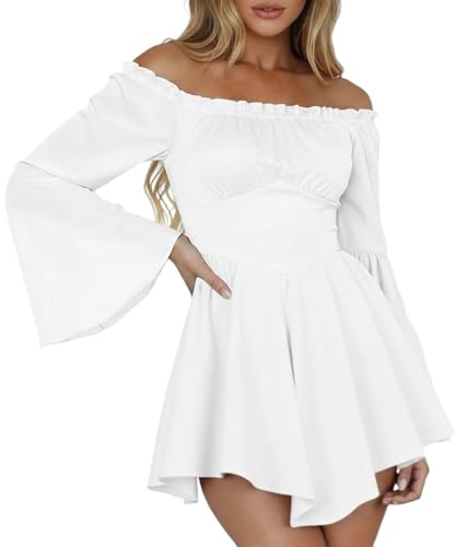 Vestido de Pirata para Mujer Disfraz de Carnaval Vestidos sin Hombros Mangas Largas Volantes Disfraces Boho Color Sólido Vestido Talla Grande XS-5XL