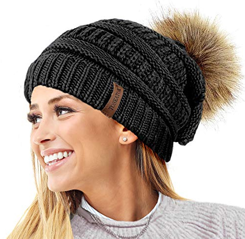 TOSKATOK® Ladies Textured Knit Beanie Hat with Detachable Faux Fur Pom Pom - Buy with 1 2 Pom Poms…
