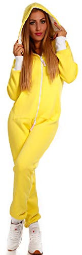 Crazy Age Basic Jumpsuits Ganzkörperanzug Einteiler One Piece Schlafanzug Mini Jumpsuit Kurz (S, Gelb)