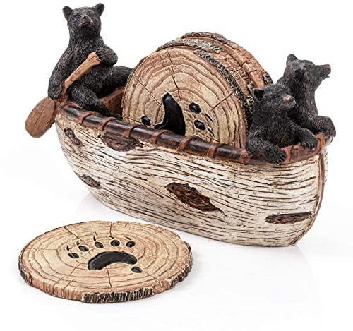 Lot de 3 Dessous de Verre en Forme d'ours Noirs Faits à la Main Qui pagaie dans Un canoë avec 6 sous-Verres rustiques de 8,9 cm – Décoration de cabane en rondins, décoration d'ours Noir, décoration