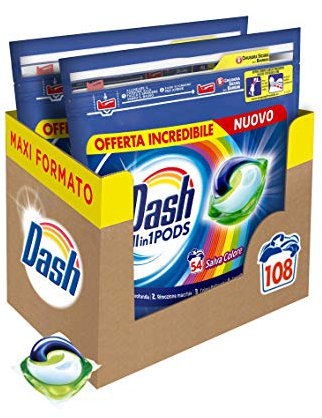 Dash Pods All in 1 Detersivo Lavatrice in Capsule, 108 Lavaggi (2 x 54), Salva Colore, Maxi Formato, Mantiene Vivaci i Colori dei tuoi Capi, Efficace anche a bassa temperatura