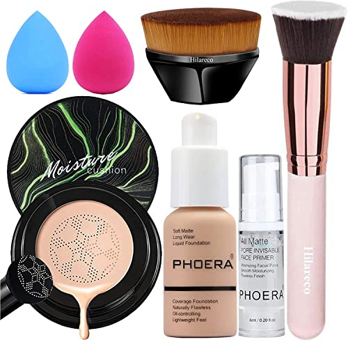 Pilzkopf Luftkissen CC Creme, Air Cushion CC Cream,PHOERA Foundation,PHOERA Primer,Make Up Foundation Pinsel and Puder Pinsel, Make up Schwamm Set (103 Warm peach + 03 Warm Nude CC)