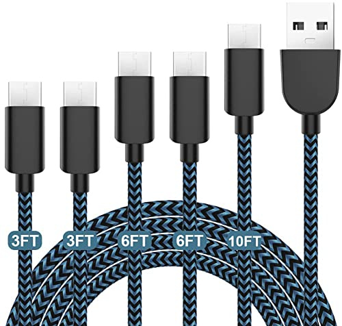 5Pack (3/3/6/6/10FT) Fast Charging 3A USB-C to USB-A Cable Rapid Charger Quick Cord Compatible Samsung Galaxy S10 S9 S8 Plus, Note 10 9 8, LG V50 V40 G8 G7(Blue)
