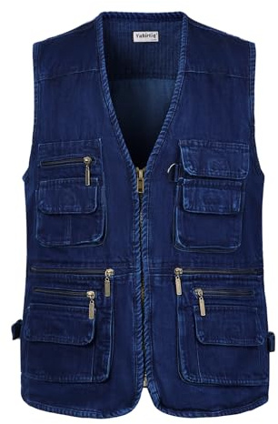 Yukirtiq Men's Fishing Vest Outdoor Camping Hunting Waistcoat Safari Practical Photography Hiking Vest Multi-Pocket Gilet with 16 Pockets, Denim, XL