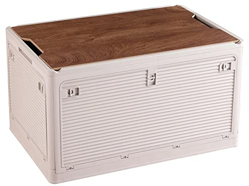 Radefasun Foldable Storage Bins with Wood Lids Plastic Collapsible Storage Box with Cutting Board Portable Stackable Grocery Container Folding Latching Storage Crate with Removable Pulley (L, Khaki)