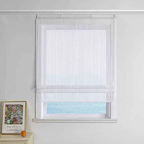 ESLIR Raffrollo mit Klettband Wohnzimmer Raffgardine Voile Küche Gardinen Landhaus Bändchenrollo Weiß Vorhänge Transparent Raffstore mit Vertikale Streifen BxH 120x140cm 1 Stück