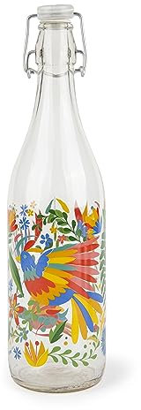Excelsa Mexican Flowers Bouteille d'eau 1 litre en verre avec joint d'étanchéité