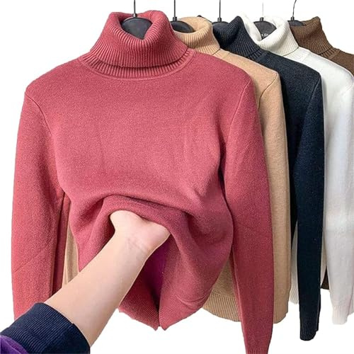 JOCCOS Camicia invernale in pile spesso lavorato a maglia, maglione da donna casual spesso dolcevita morbido termico sottile maglione, Rosso, M(48-53kg)