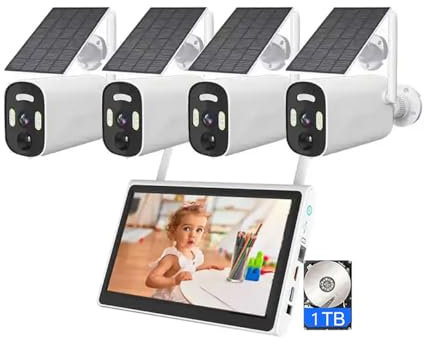 AKAVIG Sistema de cámara de Seguridad con energía Solar de 4 MP con Monitor LCD y Disco Duro de 1T, Kit NVR de vigilancia WiFi inalámbrico con visión Nocturna en Color, detección de Movimiento